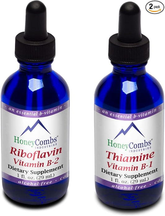 HoneyCombs Vitamin B2 (Riboflavin) Drops - 1 Fl Oz + Vitamin B1 (Thiamine) Drops- 1 Fl oz