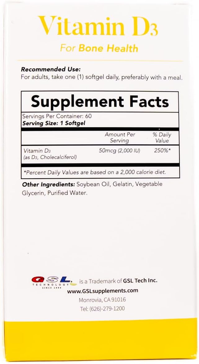 | Vitamin D3 | 50 mcg (2000 IU) Per Softgel | Dietary Supplement for Bone Health | Made in USA | 3 Pack of 60 Count (180 Softgels Total)