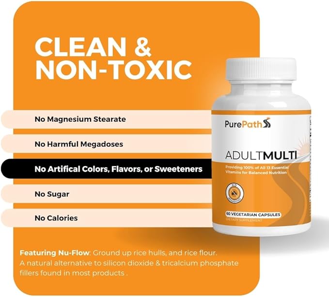 PurePath Non-Toxic Adult Multivitamin - 13 Vitamins - 100% RDA - No Harmful Megadoses - with B6 & B12 - Supplement for Optimal Energy, Focus, and Longevity - 60 Capsules - 30 Day Supply