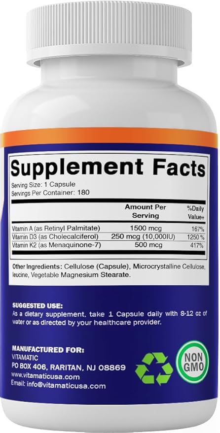 Vitamatic ADK Vitamin Supplement, 180 Veg Capsules, High Potency Vitamins A, D3, K2 for Bone Health, Calcium Absorption, Non-GMO, Gluten Free