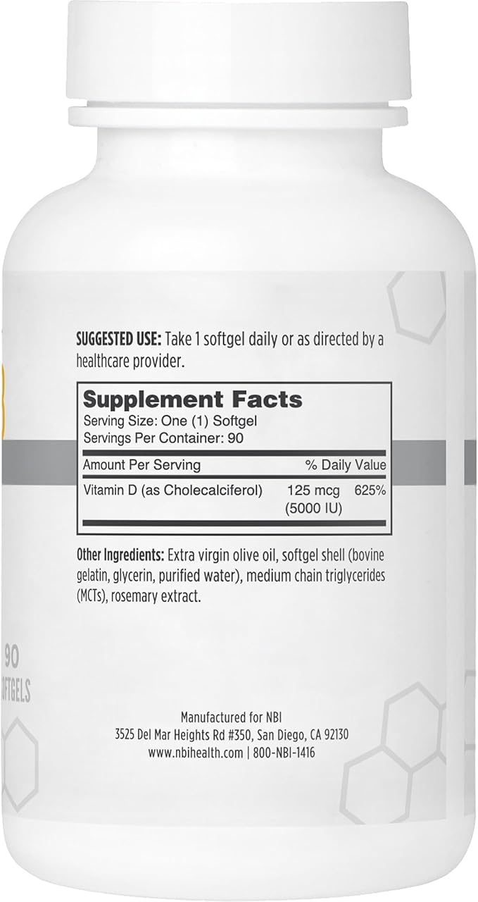 High Potency Vitamin D3 125 mcg (5000 IU) Softgels with Rosemary Extract Antioxidants | Bone, Immunity, Brain and Inflammation Balance Support | 90 Softgel Capsules