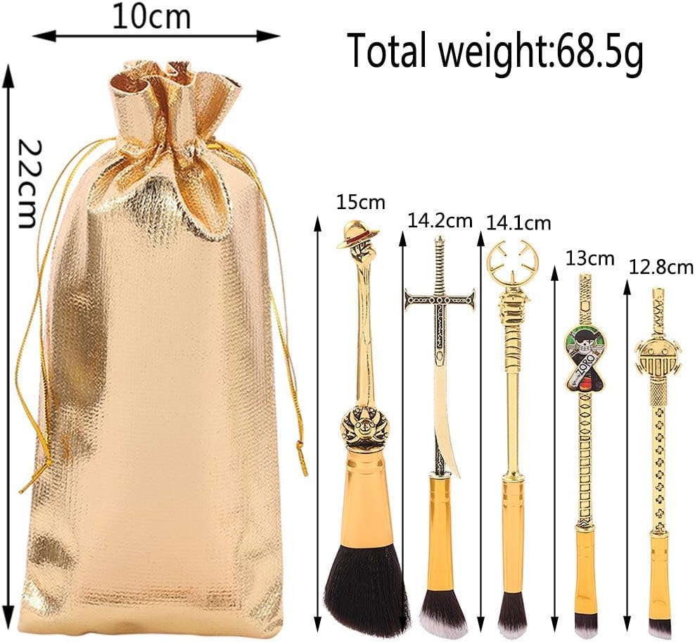 Set Of 5 One Piecess Anime Makeup Brushes - With Metal Handle, Velvet Gift Bag, Anime Peripheral, Birthday, Thanksgiving, Christmas, One Piece Fan Gift (Set)