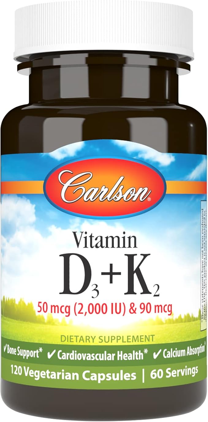 Carlson - Vitamin D3 + K2, 50 mcg (2000 IU) Vitamin D3 & 90 mcg Vitamin K2 as MK7, Bone Support, Calcium Absorption, 120 Capsules