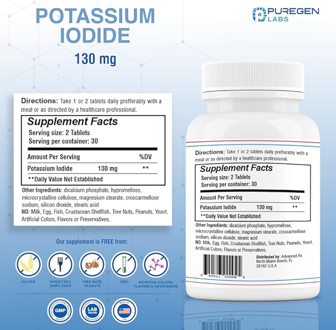 Potassium Iodide Tablets 130 mg EXP 07/2025, Kosher Iodine Tablets, Thyroid Support – 3 Pack | 180 Tablets Total