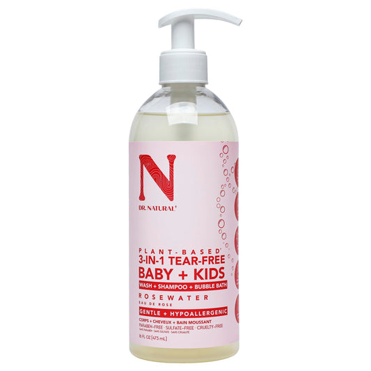 Dr. Natural 3-In-1 Tear-Free Baby Plus Kids Soap, Rosewater, 16 Oz - Plant-Based Baby Shampoo And Body Wash - Sulfate And Parabe