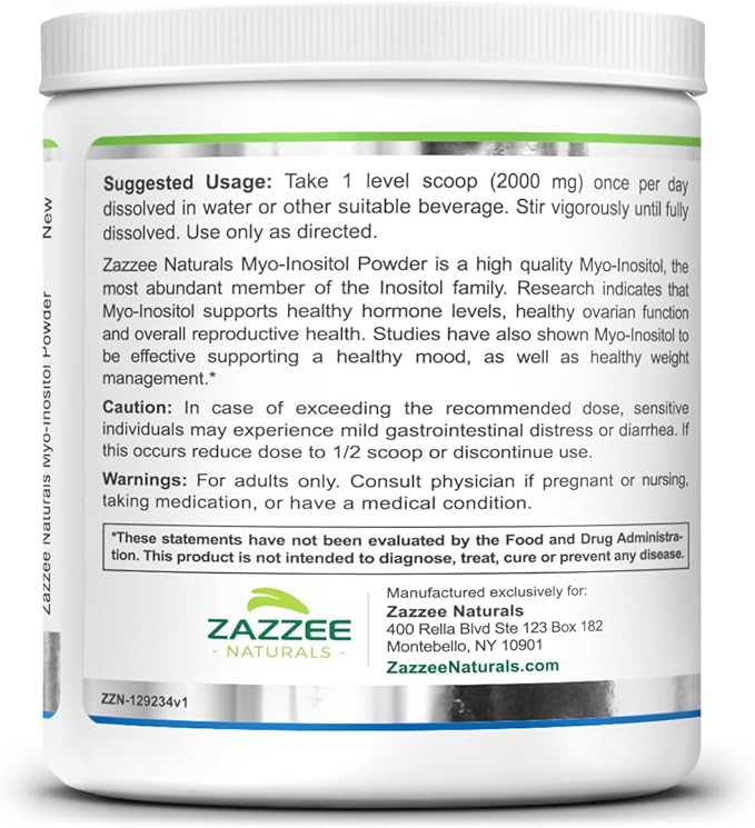 Zazzee Myo-Inositol Powder, 6 Month Supply, 183 Servings, 2000 mg per Serving, Free Scoop for Exact Dosage, 12.91 Ounces, 100% Pure, All-Natural Fertility and Reproductive Support, Vegan, Non-GMO