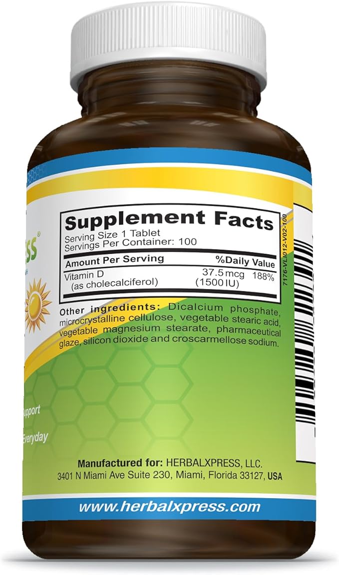Herbalxpress Vitamin D (as cholecalciferol) 1,500 IU (100 Tablets) is The Perfect Addition to a Healthy Lifestyle, Bones, Teeth, Muscles, Immune Function, and Well-Being, Non-GMO and Gluten-Free.