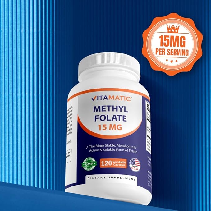 Vitamatic Methyl Folate 15mg – 120 Vegetable Capsules Optimized and Activated High Potency – Metabolically Active Folate