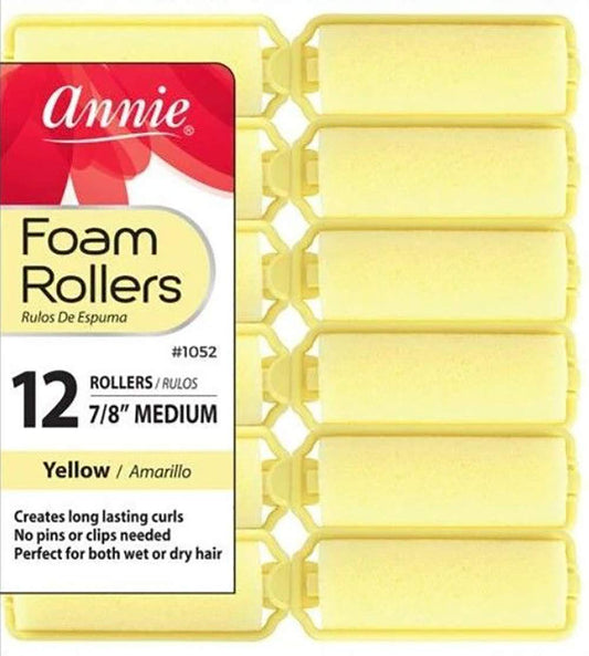 Annie Salon Style Medium Foam Hair Rollers - 7/8'' Yellow - 12 Piece Set - Soft Heat-less Hair Curling Tools