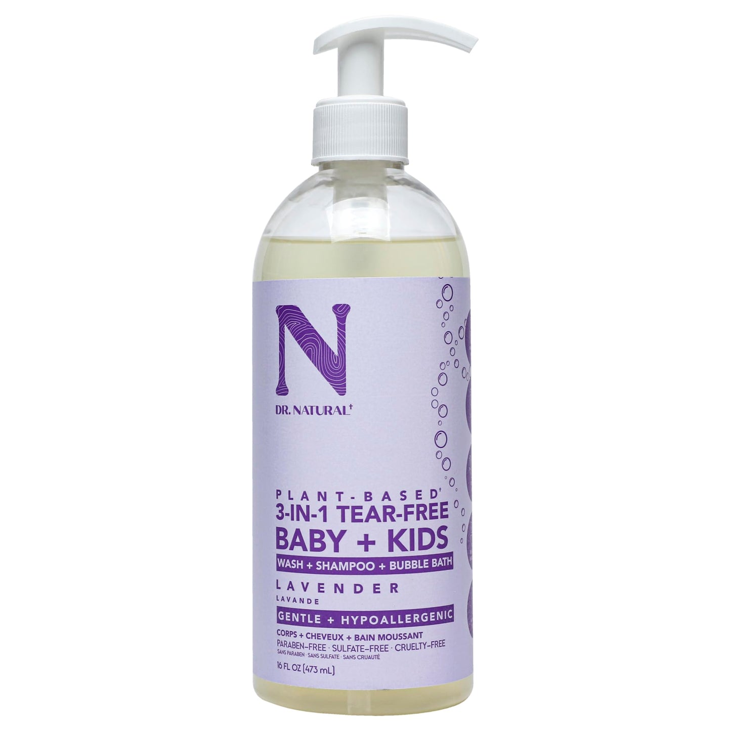 Dr. Natural 3-In-1 Tear-Free Baby Plus Kids Soap, Lavender, 16 Oz - Plant-Based Baby Shampoo And Body Wash - Sulfate And Paraben