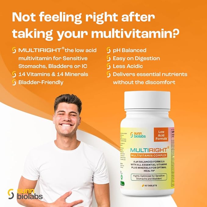 MULTIRIGHT | LOW ACID MULTIVITAMIN for Sensitive Stomachs, Bladders or IC | 14 Vitamins & 14 Minerals | Bladder-Friendly, pH Balanced | Easy on Digestion-Less Acidic | Buffered Vitamin C | 180 Tab (2)