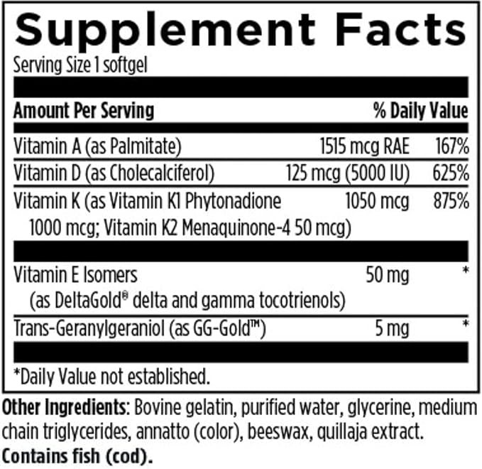 Vitamin D Complex | D3 5000IU with Vitamin A, E (tocopherols and tocotrienols), K1 + K2 | Fat Soluble Vitamins Blend | 60 Softgels