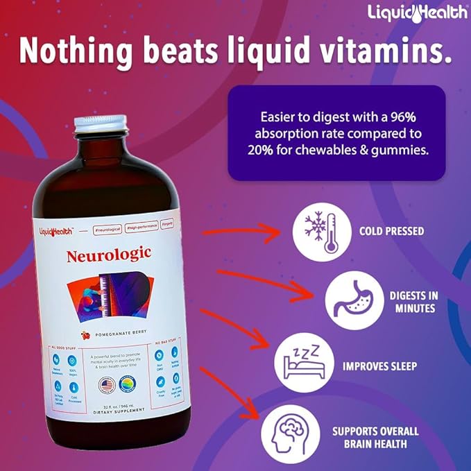 LIQUIDHEALTH Neurologic Nootropic Focus Supplement & Organic Methyl B12 5000mcg Vitamin Drops with Tart Cherry Juice for Immune Support, Improved Memory & Concentration, Natural Energy, Overall Health