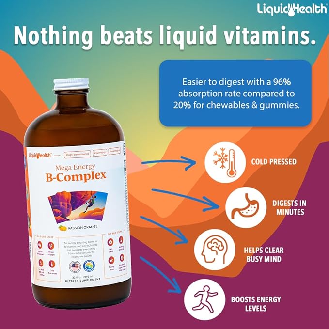LIQUIDHEALTH Complete Multiple & Mega Energy B-Complex Daily Liquid Vitamins Bundle for Adults - Immune System Support, Increase Energy, Gut & Heart Health - Whole Foods, Vegan, Non-GMO, Made in USA