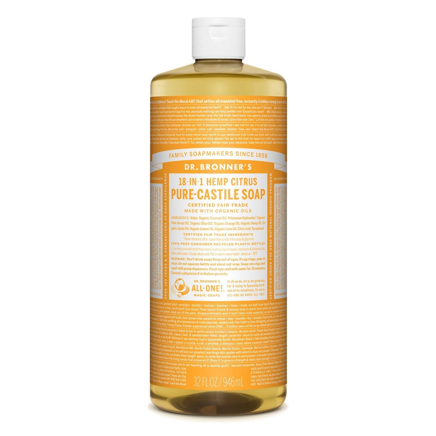 Dr. Bronner'S - Pure-Castile Liquid Soap (Citrus, 32 Ounce) - Made With Organic Oils, 18-In-1 Uses: Face, Body, Hair, Laundry, P