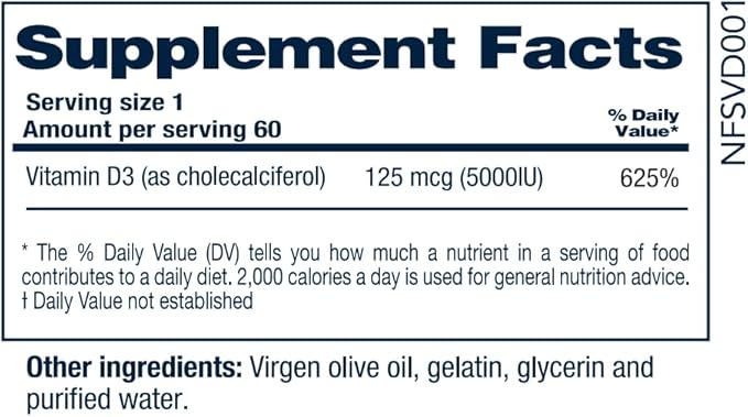 NF Sports Vitamin D3 5000 IU for Healthy Bones, Immune Support Supplement, Softgel Form, Vegan, Unflavored, Gluten-Free, Non-GMO, Supplement for Women & Men (60 Count, Pack of 1)