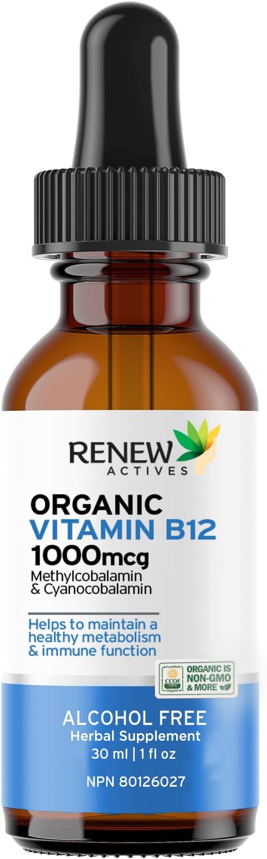 Renew Actives Premium B12 Liquid Extract Supplement 1000MCG per 1 ml – Vegan Drops with High-Potency Complex for Healthy Skin, Strong Nails, Vibrant Hair & Immune Support– Made in Canada - 30 ml