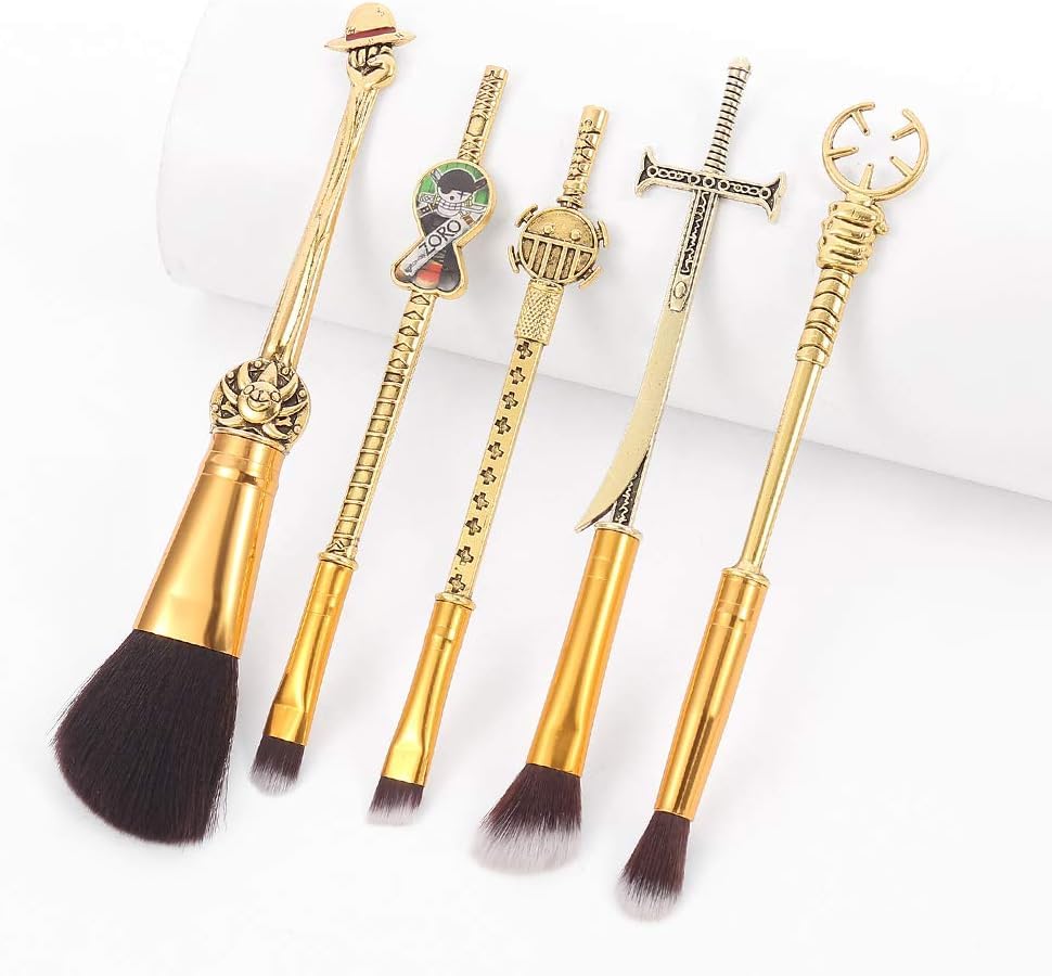 Set Of 5 One Piecess Anime Makeup Brushes - With Metal Handle, Velvet Gift Bag, Anime Peripheral, Birthday, Thanksgiving, Christmas, One Piece Fan Gift (Set)