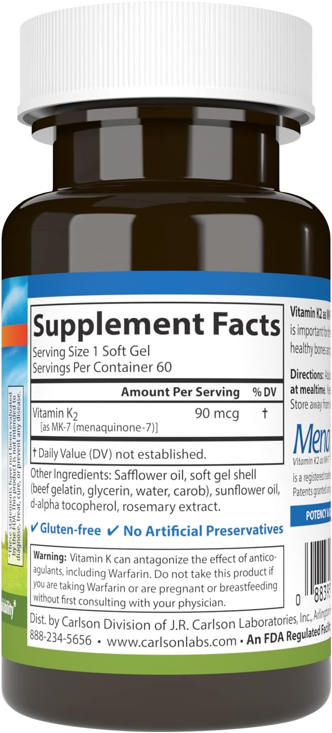 Carlson - Vitamin K2 MK-7 (Menaquinone), 90 mcg, Bone Support, Calcium Bioavailability, K2 Vitamin, Vitamin K-2, 60 Softgels
