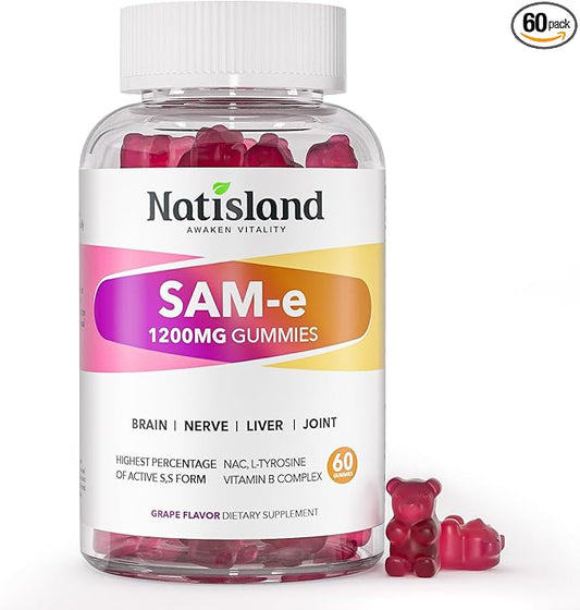 SAM-e with L-Tyrosine Gummies, Methylated Vitamin B-Complex & NAC, 1200mg SAM e Supplement, Methyl Folate and B12, for Stress Relief & Brain Support, Liver & Joint Health, Gluten-Free, Vegan, 60 Ct