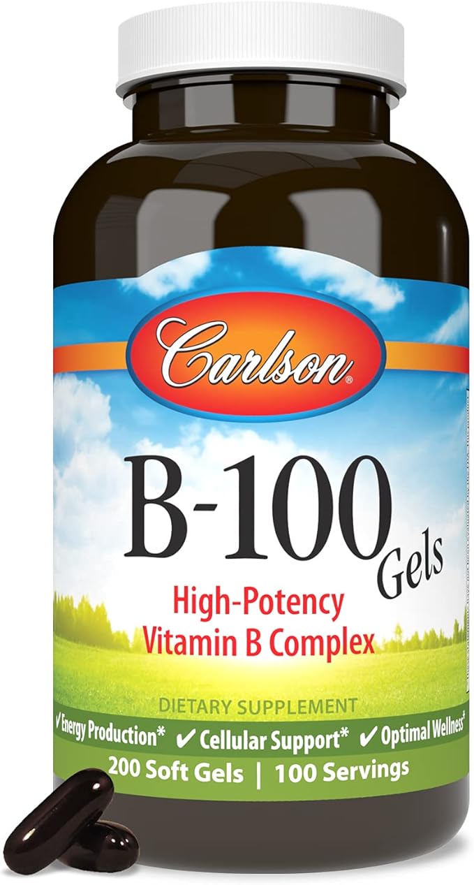 Carlson - B-100 Gels, High-Potency Vitamin B Complex, Energy Production, Cellular Support & Optimal Wellness, 200 Softgels