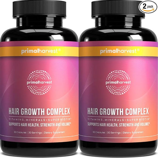 Primal Harvest Hair Growth Vitamins, 2 Pack - 120 Pills, Natural Hair Regrowth, Thickening, and Supplement for Men & Women with Biotin & Zinc