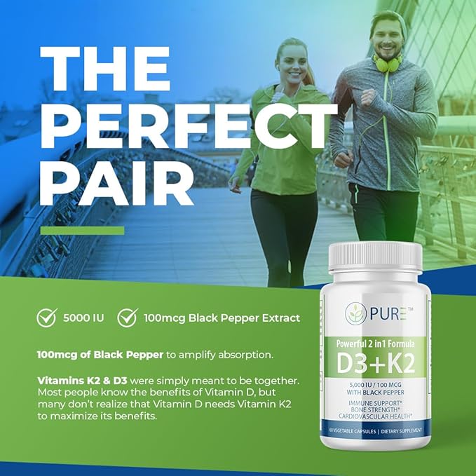 PURE D3 + K2, 5000 IU Vitamin D3, 100 mcg Vitamin K2, Black Pepper Extract, 60 Capsules, 2-Month Supply, Bone & Immune Support