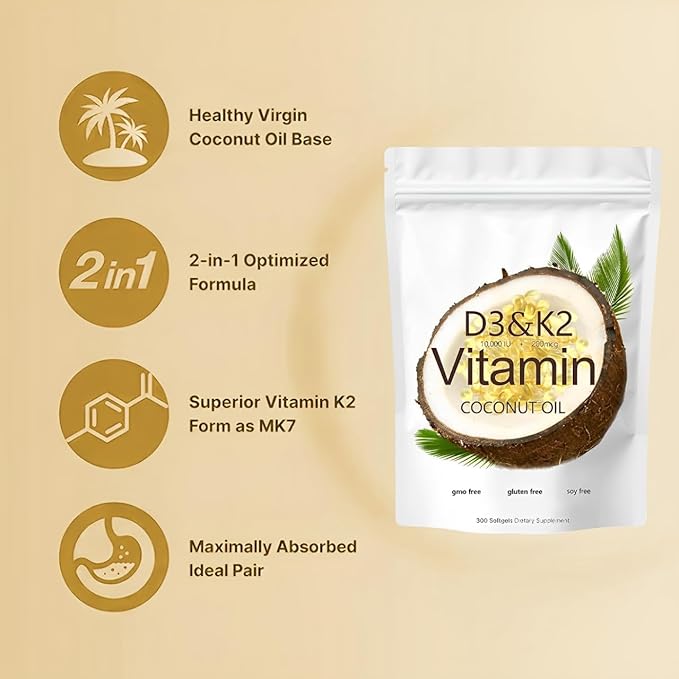 Vitamin D3 K2 Softgel, D3 K2 Vitamin 10000 IU, 10000 IU VIT D3 + 200 MCG Vitamin K2, Free of GMO, Gluten, Soy, Bone Health, Supports Calcium Absorption, 300 Gels