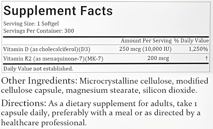 Vitamin D3 K2 Softgel, D3 K2 Vitamin 10000 IU, 10000 IU VIT D3 + 200 MCG Vitamin K2, Free of GMO, Gluten, Soy, Bone Health, Supports Calcium Absorption, 300 Gels