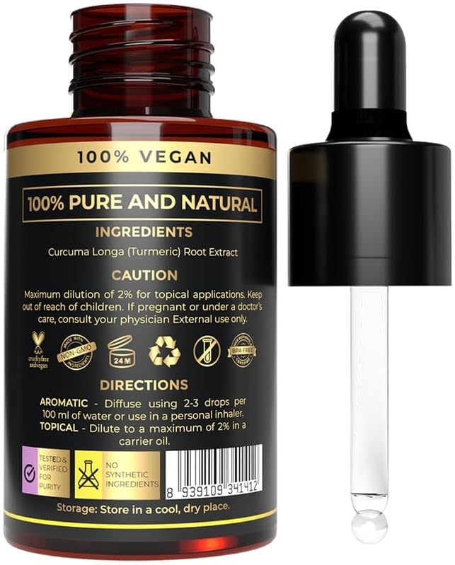 Plant Based Organic Turmeric Essential Oil for Skin & Face Dark Spots, Aromatherapy, Diffuser Oil, Anti-Aging & Wrinkle Care – Best Oil for Body & Skin – Pure, Organic & Therapeutic