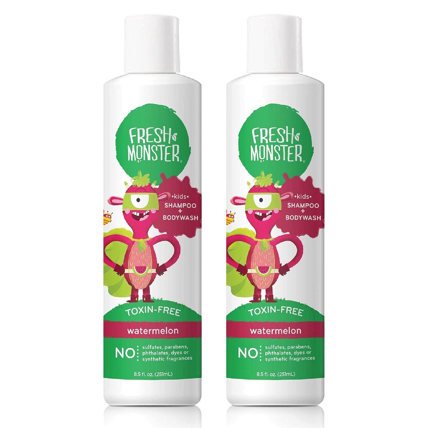 Fresh Monster 2-In-1 Kids Shampoo & Body Wash, Toxin-Free, Hypoallergenic, Natural Shampoo & Body Wash For Kids, Watermelon (2 P
