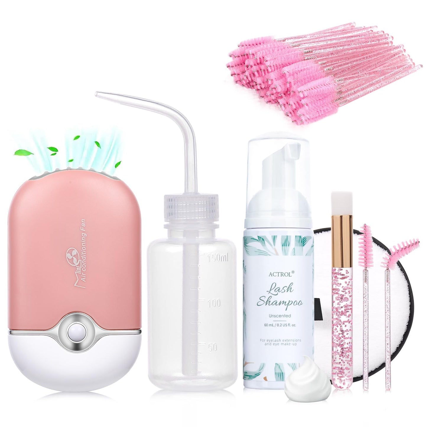 ACTROL Eyelash Extension Shampoo Kit 60ml Unscented Lash Extension Cleanser with Lash Fan Pink Professional Eyelid Foaming Cleanser Paraben & Sulfate Free Non-lrritating