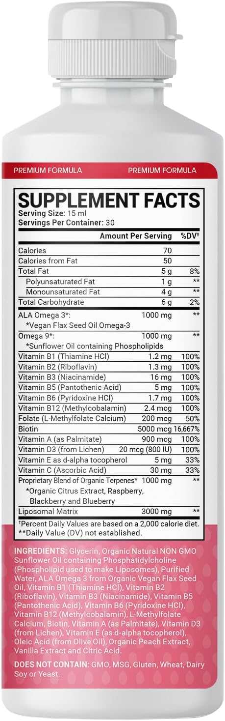 Women's Liquid Multivitamin - Plant-Based Daily Multivitamins - 3000mg Liposomal Matrix - with Biotin, Magnesium, Omega-3 & 9, B Complex, Vitamin A D3 C - 30 Servings - 450 mL