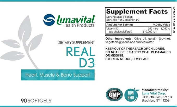 Lunavital Real D3 (10,000UD), Heart, Muscle & Bone Support, 90 Softgels