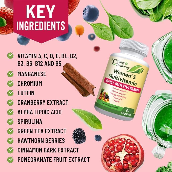 Tomy & Company Gluten-Free Vegetarian Women's Multivitamin with Zinc, B6, B12, Biotin and More - Hair, Skin & Nails, Bone Health, Immune Support, Women's Daily Vitamin Supplements Capsules