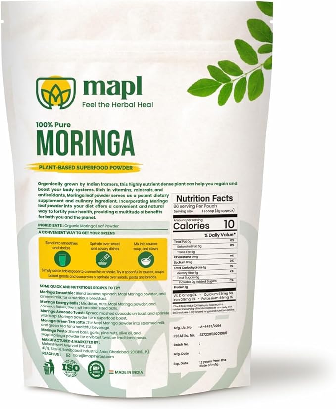 MAPL Pure Moringa Oleifera Powder | 100% Natural Ayurvedic Plant Based Dried Drumstick Tree Leaves | Raw & Natural, Rich in Nutrients, Blended for Skin & Hair Unrefined Ingredients | 200 Gram (7 Oz)