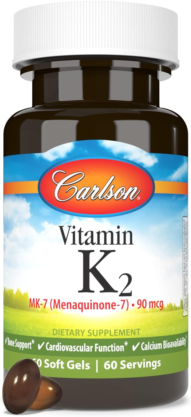 Carlson - Vitamin K2 MK-7 (Menaquinone), 90 mcg, Bone Support, Calcium Bioavailability, K2 Vitamin, Vitamin K-2, 60 Softgels