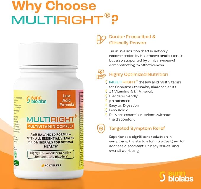MULTIRIGHT | LOW ACID MULTIVITAMIN for Sensitive Stomachs, Bladders or IC | 14 Vitamins & 14 Minerals | Bladder-Friendly, pH Balanced | Easy on Digestion-Less Acidic | Buffered Vitamin C | 90 Tablets