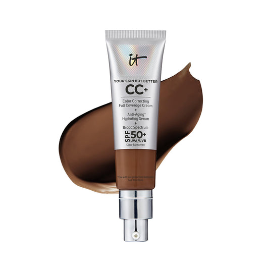IT Cosmetics Your Skin But Better CC+ Cream, Neutral Deep - Color Correcting Cream, Full-Coverage Foundation, Hydrating Serum & SPF 50+ Sunscreen - Natural Finish - 1.08 fl oz