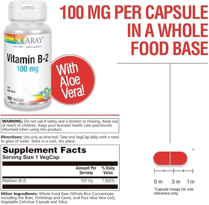 SOLARAY Vitamin B-2 Riboflavin 100 mg with Aloe Vera | Healthy Energy Metabolism, Skin, Hair & Nails | 100 CT