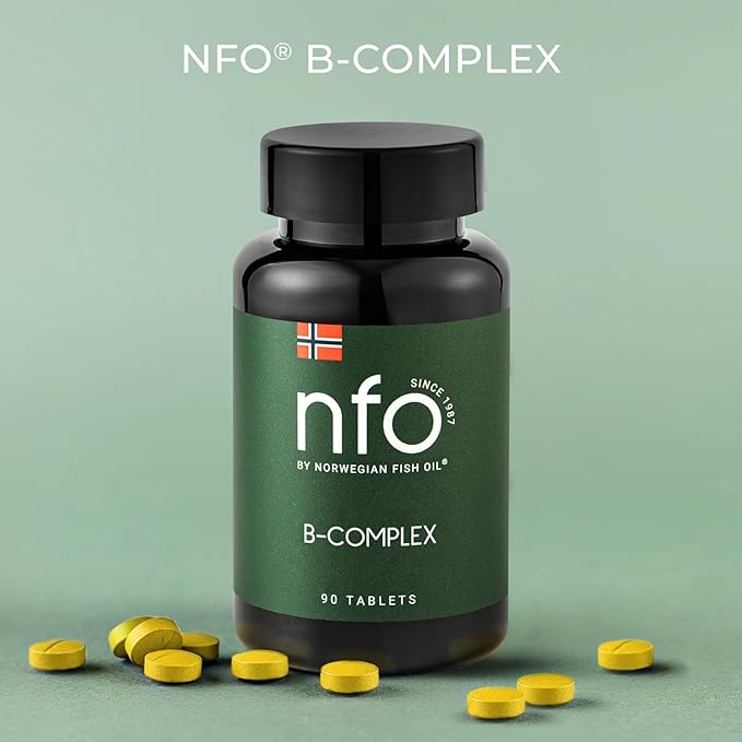 NFO Vitamin B Complex [90 Tablets] Norwegian Natural High-Dose Complex of Multivitamins of Group B in an Easily Accessible Form: B1, B2, B3, B5, B6, B9, B12 for Men and Women Made in Norway