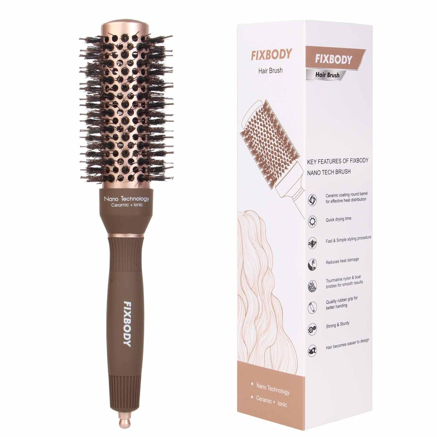 FIXBODY Round Hair Brush with Boar Bristles, Nano Thermal Ceramic, Ionic Tech and Anti-Static, Roller Hairbrush for Blow Drying,