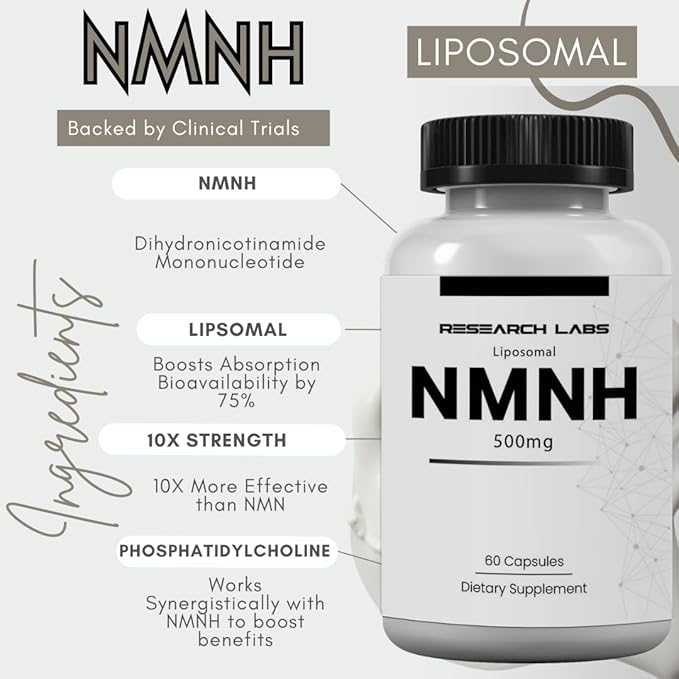 Research Labs Liposomal NMNH (NMN Supplement Alternative) 500mg Per Serving | 60 Capsules (Dihydronicotinamide Mononucleotide) NAD Supplement to Boost NAD+ Levels for Anti Aging