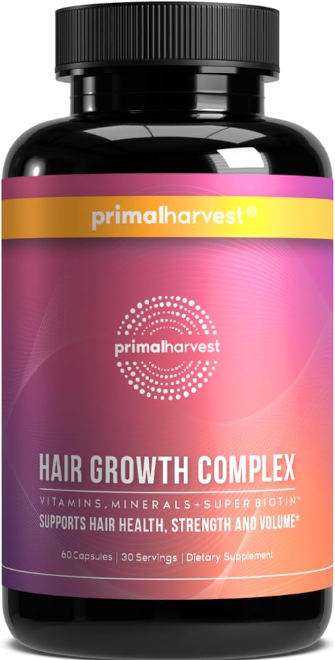 Primal Harvest Hair Growth Vitamins, Hair Growth for Women & Men - 60 Hair Growth Pills, Natural Hair Thickening Products for w/Biotin & Zinc - Hair Supplement, Regrowth Hair Vitamins