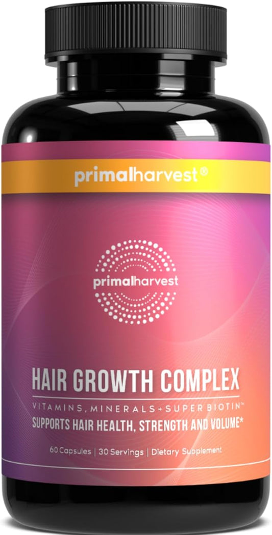 Primal Harvest Hair Growth Vitamins, Hair Growth for Women & Men - 60 Hair Growth Pills, Natural Hair Thickening Products for w/Biotin & Zinc - Hair Supplement, Regrowth Hair Vitamins