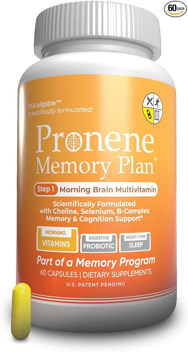 PRONENE Memory Plan (60 ct) Morning Brain Multivitamin | Nootropic Supplement w/Choline, Selenium, Resveratrol, D, & B Vitamins | Advanced nutrients Support Brain, Immunity & Memory.