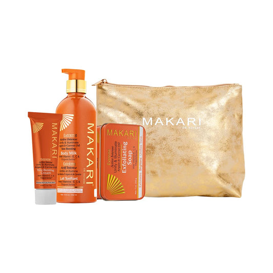 MAKARI Extreme Argan & Carrot Oil 3 Piece Gift Set - Exfoliating Soap, Tone Boosting Body Lotion & Face Cream Ideal for All Skin