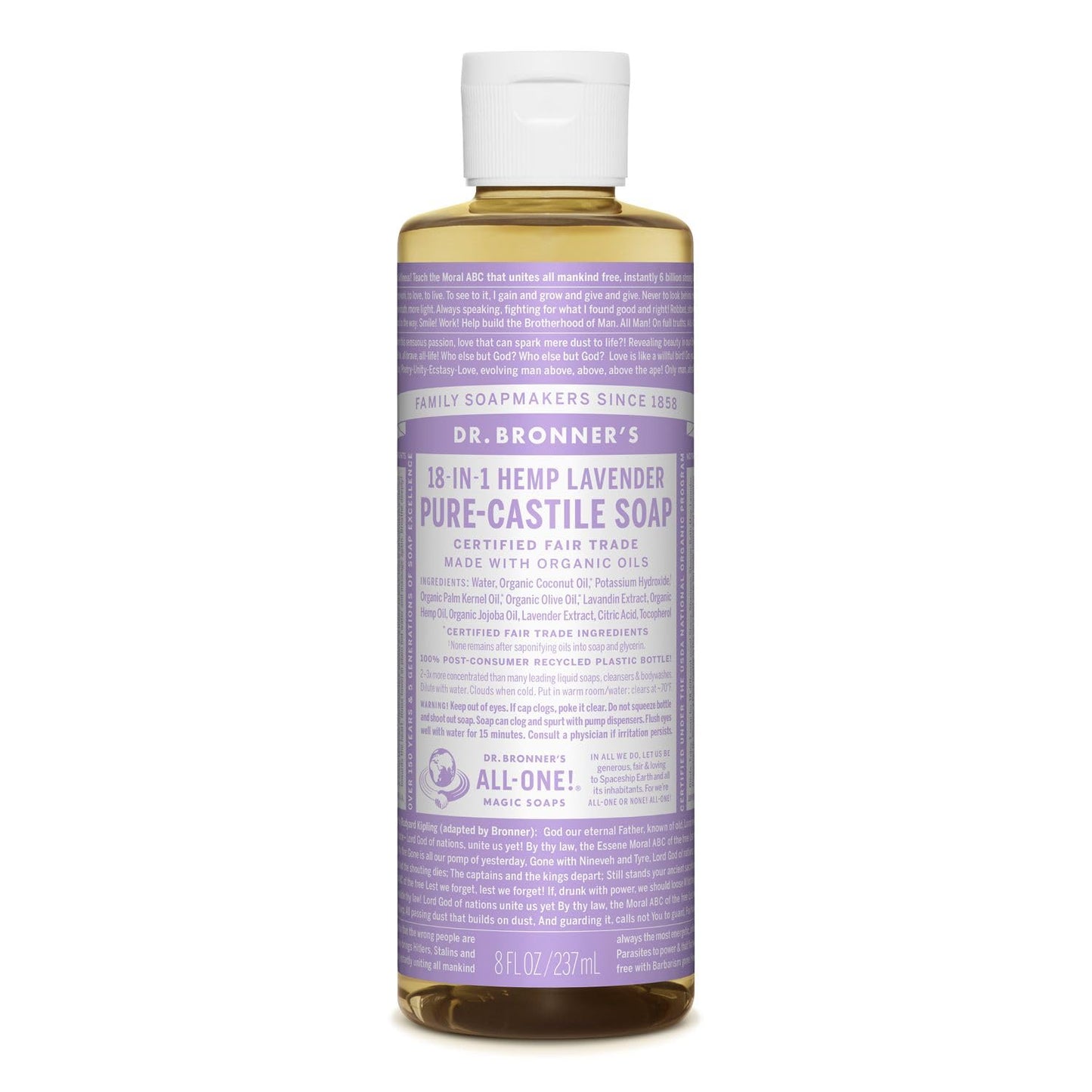 Dr. Bronner'S - Pure-Castile Liquid Soap (Lavender, 8 Ounce) - Made With Organic Oils, 18-In-1 Uses: Face, Body, Hair, Laundry,