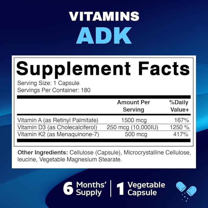 Vitamatic ADK Vitamin Supplement, 180 Veg Capsules, High Potency Vitamins A, D3, K2 for Bone Health, Calcium Absorption, Non-GMO, Gluten Free