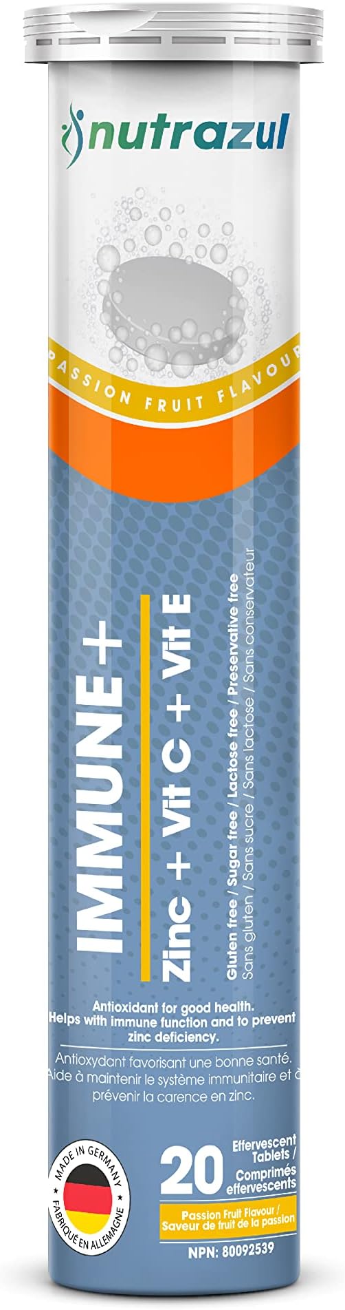 nutrazul Immune+ Effervescent Tablets | Vitamin C and Zinc with Vitamin E | 20 Tablets | Immune Support for Adults & Kids | Ideal for Flu Season Protection | Passion Fruit Flavor